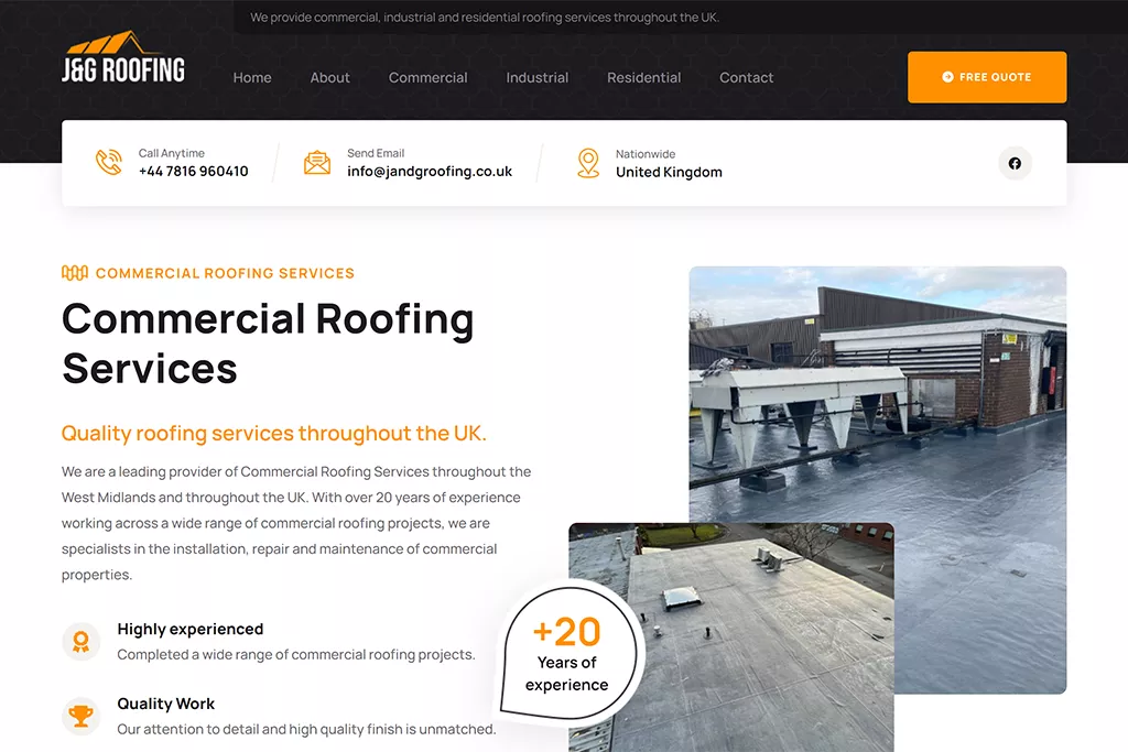 The J&G Roofing website