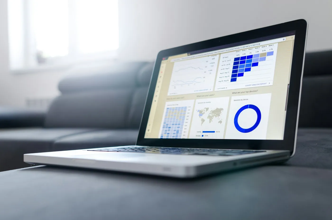 A laptop showing an analytics dashboard